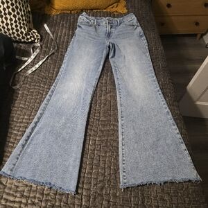 Express 70s Flare Mid Rise Flex Hyperstretch Jeans M Short Light Wash Raw Hem